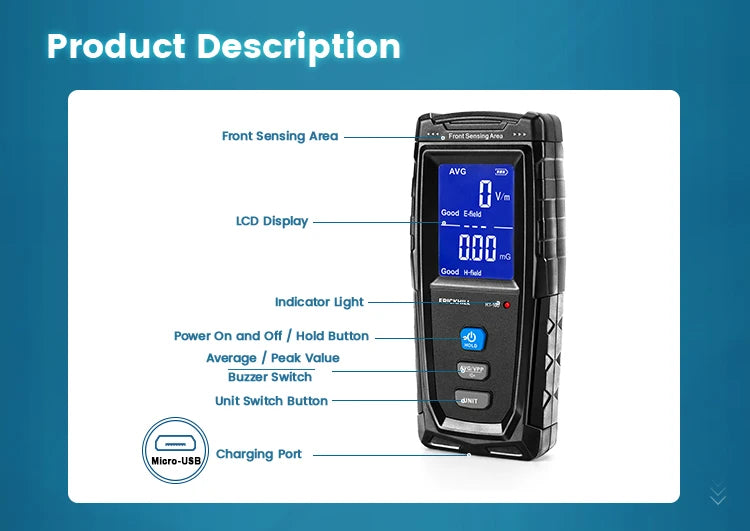 Rechargeable Digital Electromagnetic Field Radiation Detector Handheld Digital LCD EMF Detector