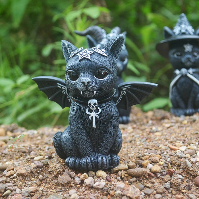 Halloween Decorative Figurine Garden Witch Cat Sculpture Gothic Kitten Statue Black Magic Cat Owl Ornament Wizard Cute Miniature