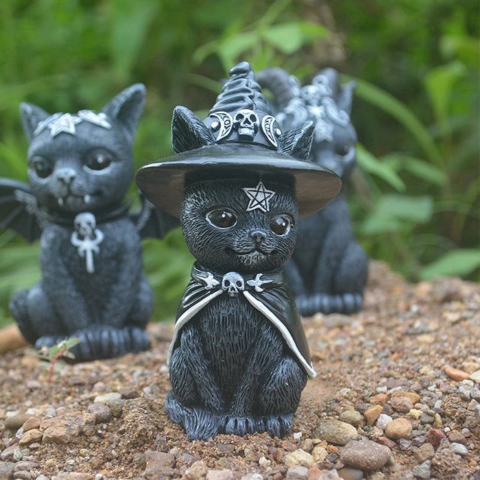 Halloween Decorative Figurine Garden Witch Cat Sculpture Gothic Kitten Statue Black Magic Cat Owl Ornament Wizard Cute Miniature