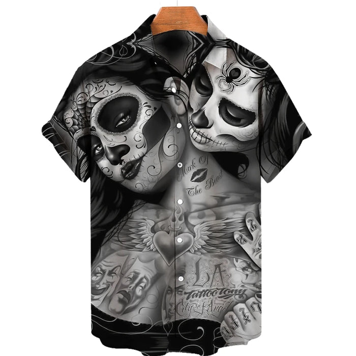 Funny Skull 3D Printed Shirt Man/Women Casual Fashion Short Sleeves Shirts Men Button Lapel Streetwear Oversized Unisex Clothing