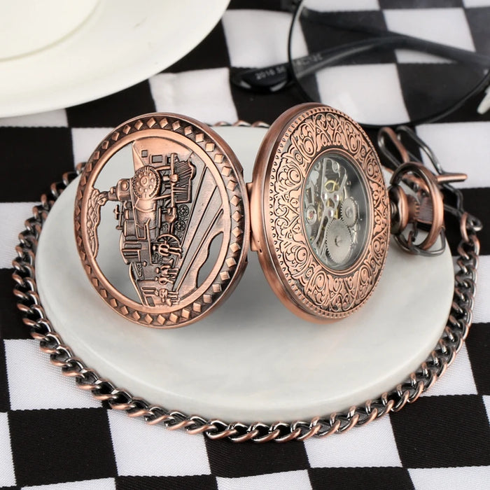 Vintage Mechanical Pocket Watches Hand Winding/Automatic Mechanical Pocket Pendant Chain Red Copper Timepiece Gift Clock Men