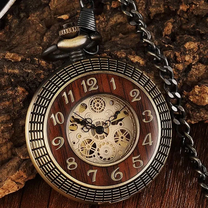 Solid Wood Mechanical Pocket Watch FOB Chain Locket Dial Hollow Steampunk Skeleton Men Women Mens Male Clock Watches Box Package