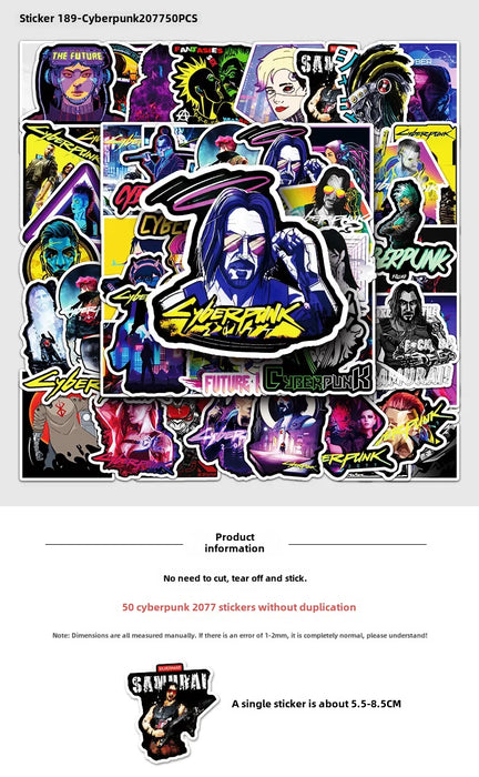 50 Sheets Punk 2077 Cartoon Graffiti Stickers For Notebook Computer Mobile Phone Car Skateboard Decorative Stickers