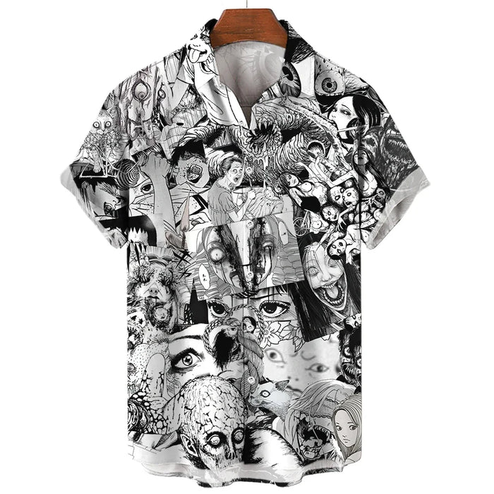 Summer Men's 3D Printed Horror Pattern Shirt Hawaiian Fashion Designer Tops Streetwear Clothes Gothic Short Sleeve Button