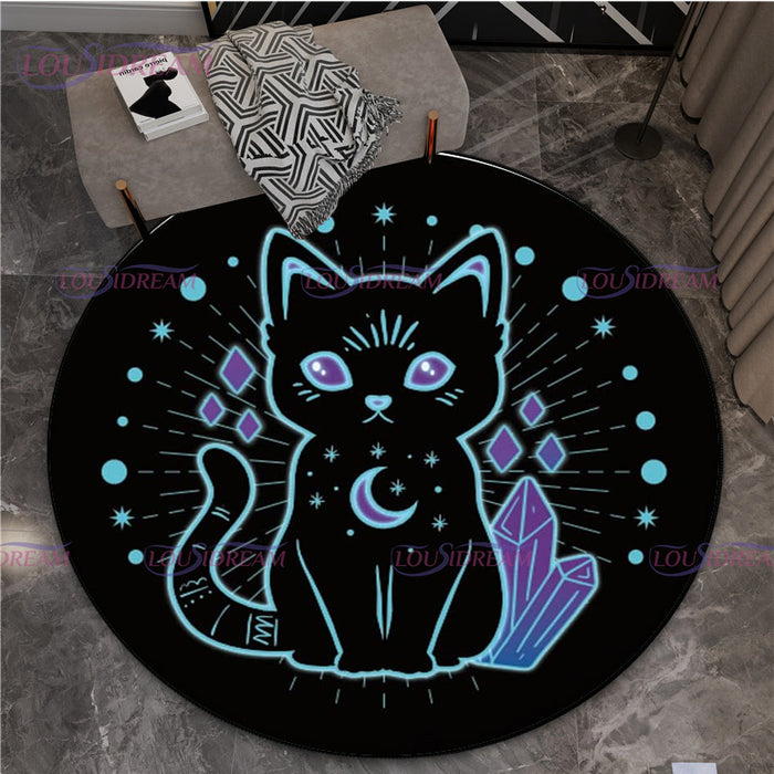 Gothic Triple Moon Goddess Pentagram Round Rug Mystic Sun Moon Black Cat Witch Round Rug Living Room Mats Yoga Round Rug