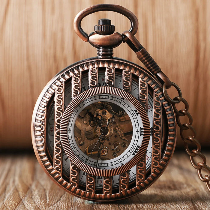 Vintage Mechanical Pocket Watches Hand Winding/Automatic Mechanical Pocket Pendant Chain Red Copper Timepiece Gift Clock Men