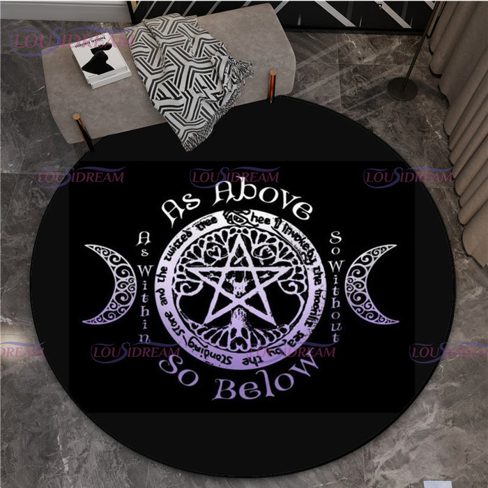 Gothic Triple Moon Goddess Pentagram Round Rug Mystic Sun Moon Black Cat Witch Round Rug Living Room Mats Yoga Round Rug