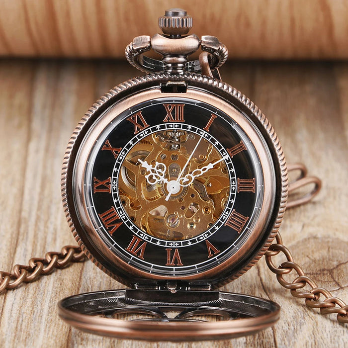 Vintage Mechanical Pocket Watches Hand Winding/Automatic Mechanical Pocket Pendant Chain Red Copper Timepiece Gift Clock Men