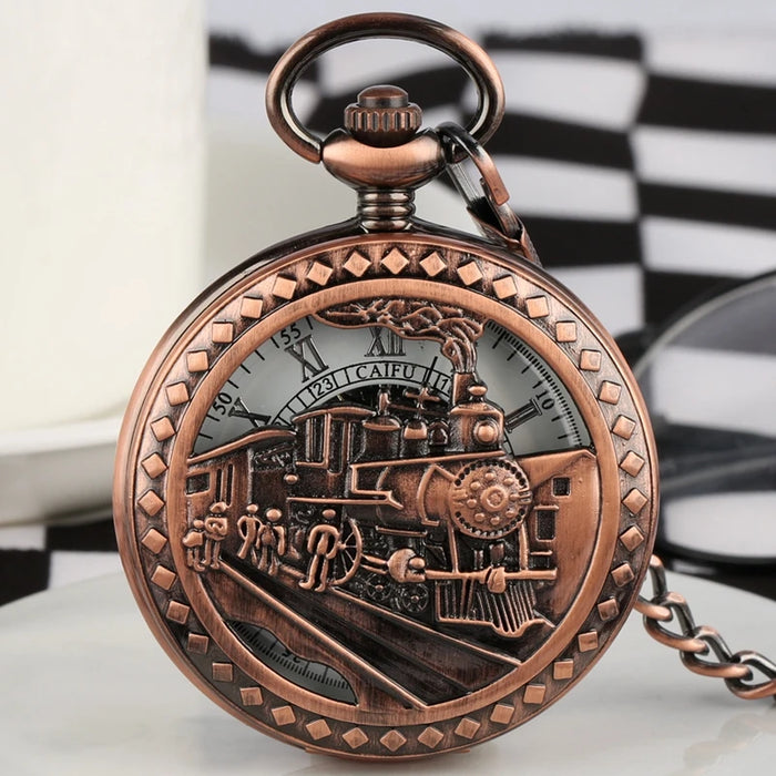 Vintage Mechanical Pocket Watches Hand Winding/Automatic Mechanical Pocket Pendant Chain Red Copper Timepiece Gift Clock Men