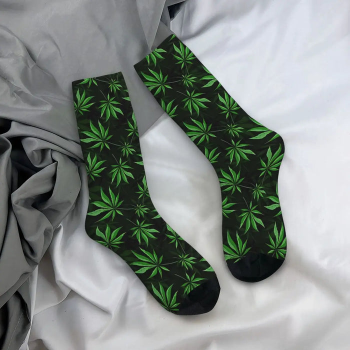 Funny Crazy Sock for Men Green Leaf Hip Hop Harajuku Seamless Pattern Printed Boys Crew Sock Casual Gift