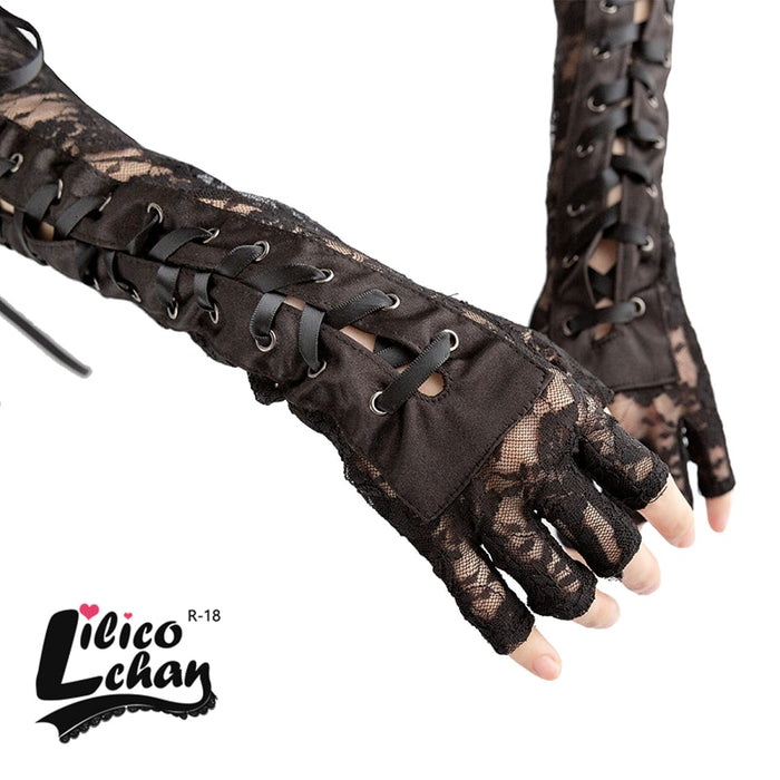 Black Lace Up Finger less steampunk Elbow Gloves