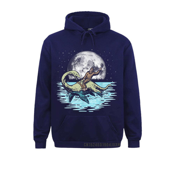 Bigfoot Riding Nessie Loch Ness Monster  | Full Moon Hooded Top