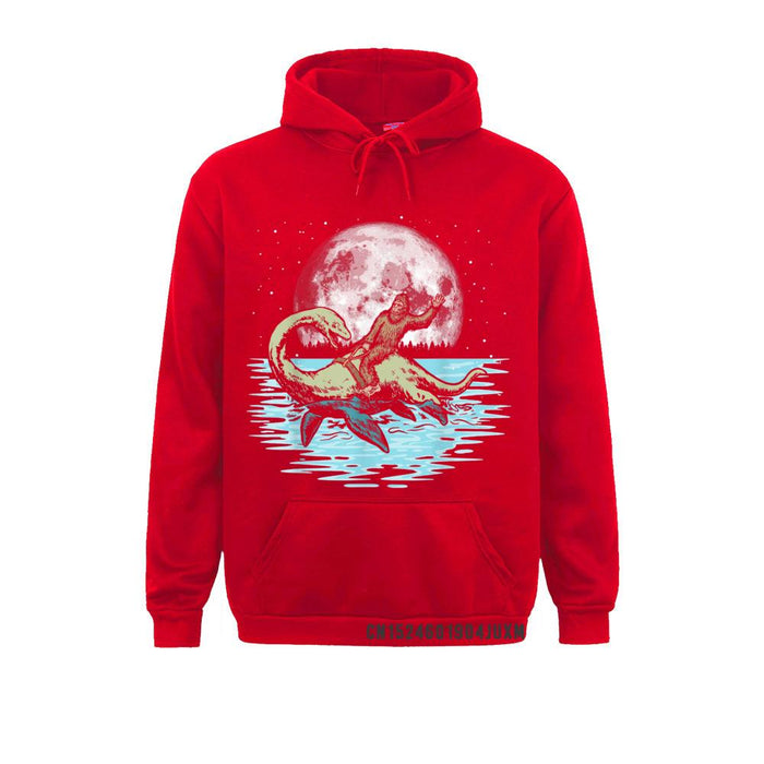 Bigfoot Riding Nessie Loch Ness Monster  | Full Moon Hooded Top