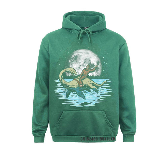 Bigfoot Riding Nessie Loch Ness Monster  | Full Moon Hooded Top