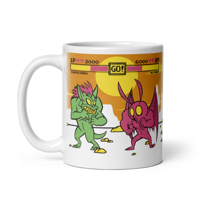 Chupacabra vs Mothman | White glossy mug