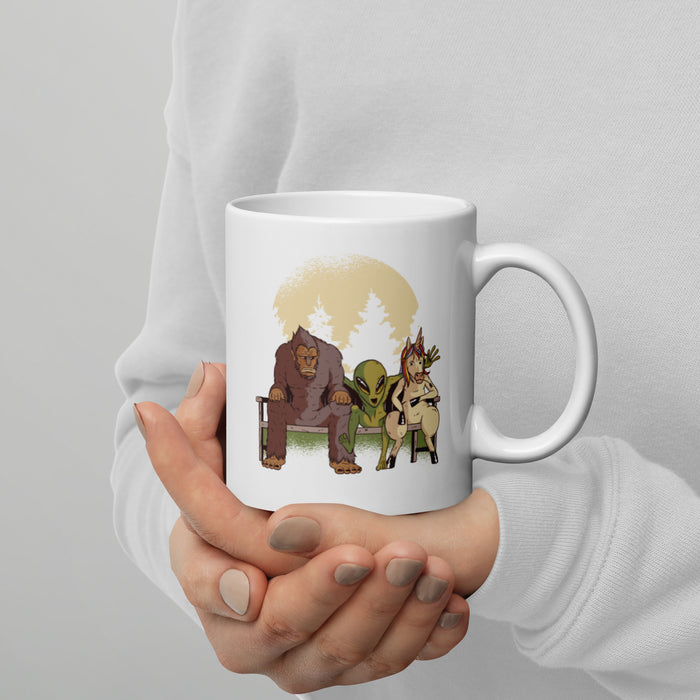 Bigfoot | Alien | Unicorn White glossy mug