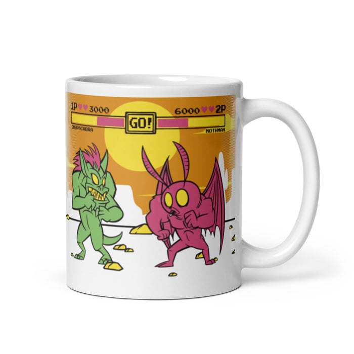 Chupacabra vs Mothman | White glossy mug