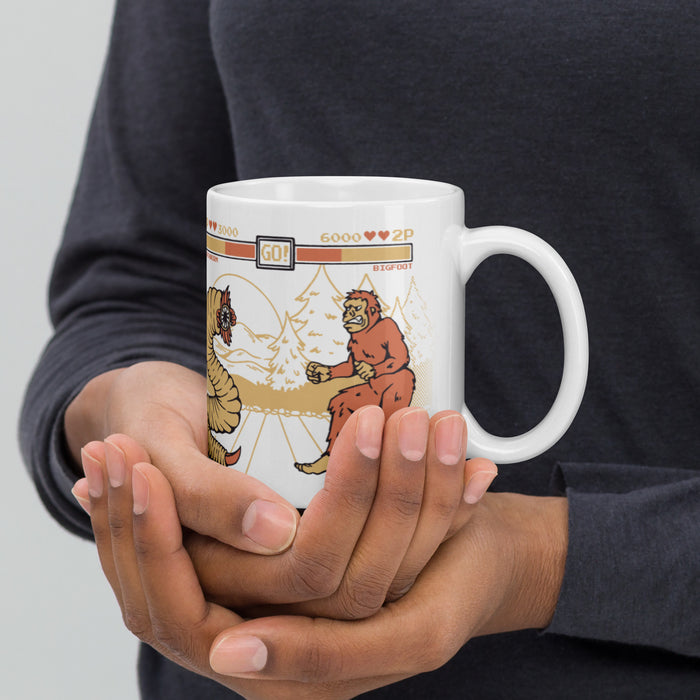 Bigfoot Vs Mongolian Deathworm | White glossy mug