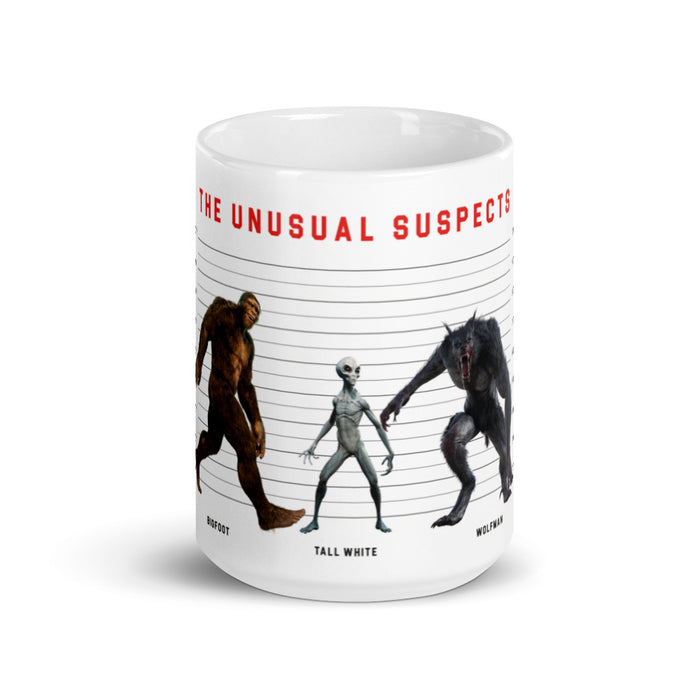 The Unusual Suspects White glossy mug