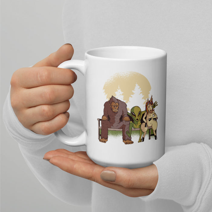 Bigfoot | Alien | Unicorn White glossy mug