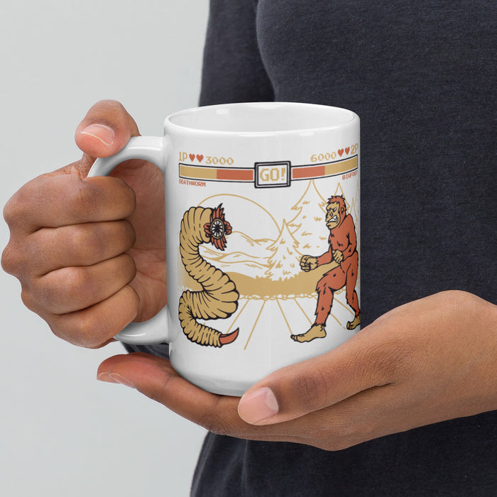 Bigfoot Vs Mongolian Deathworm | White glossy mug