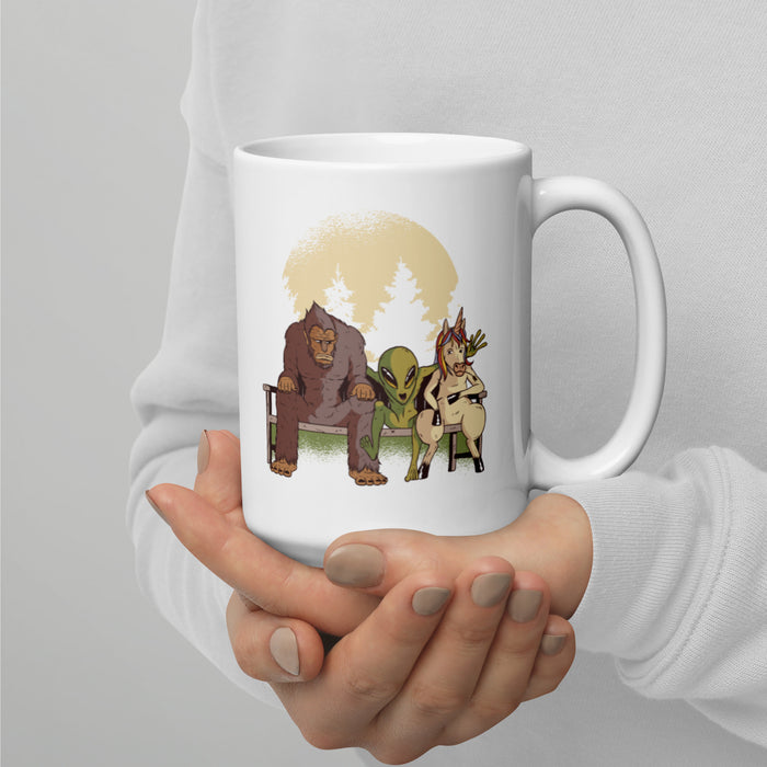 Bigfoot | Alien | Unicorn White glossy mug