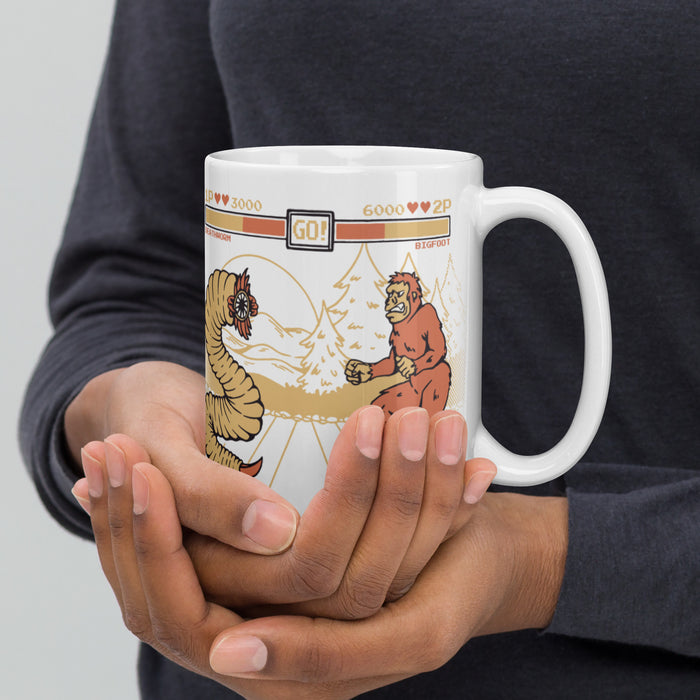 Bigfoot Vs Mongolian Deathworm | White glossy mug